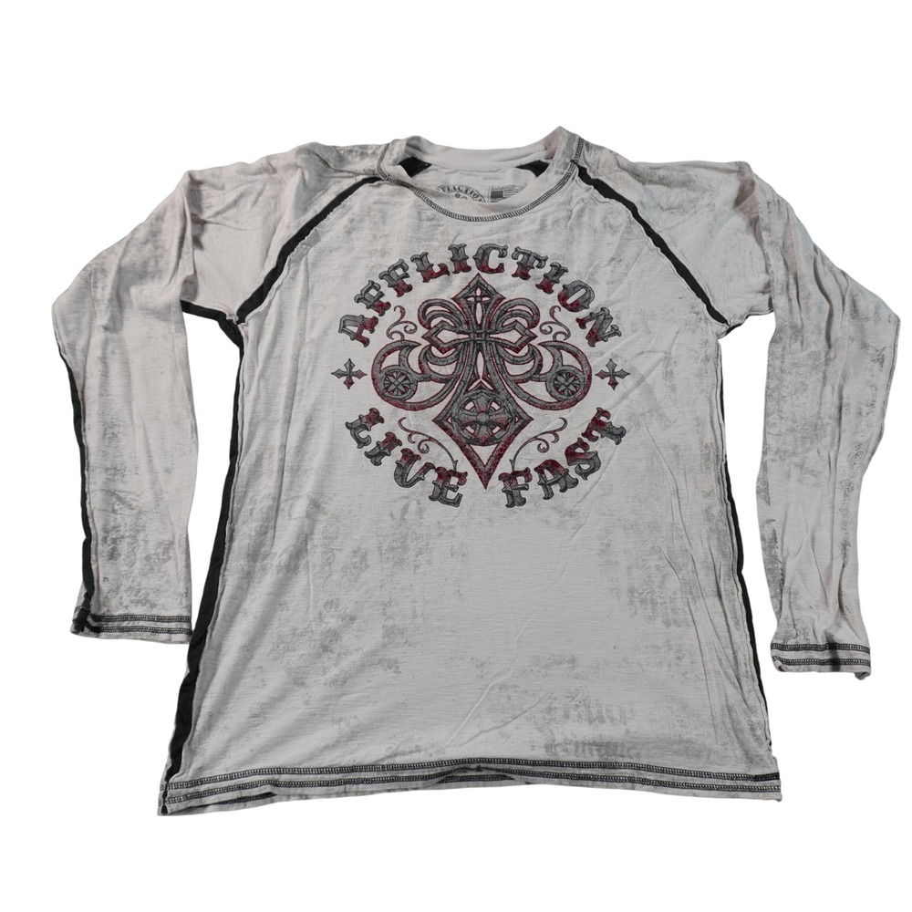 Affliction Graphic Shirt Mens XL Cream Long Sleeve Live Fast Cross Distressed
